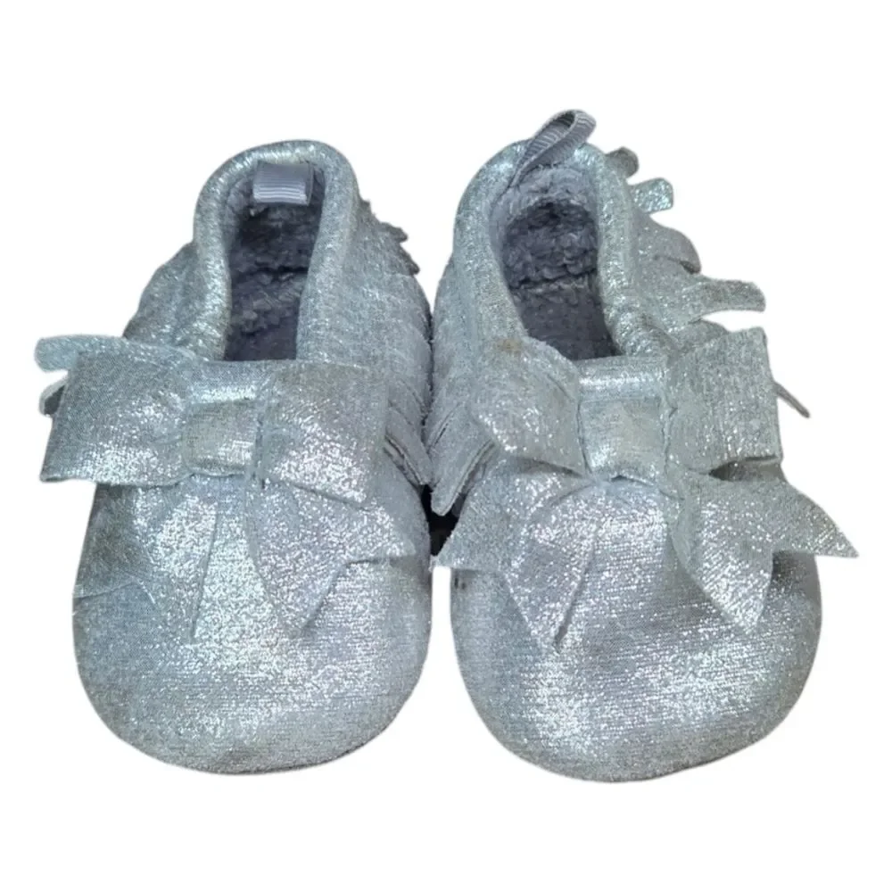 Baby Silver Moccasins 6 9 Month Metallic Bow Crib Shoes First Steps Photo Outfit
